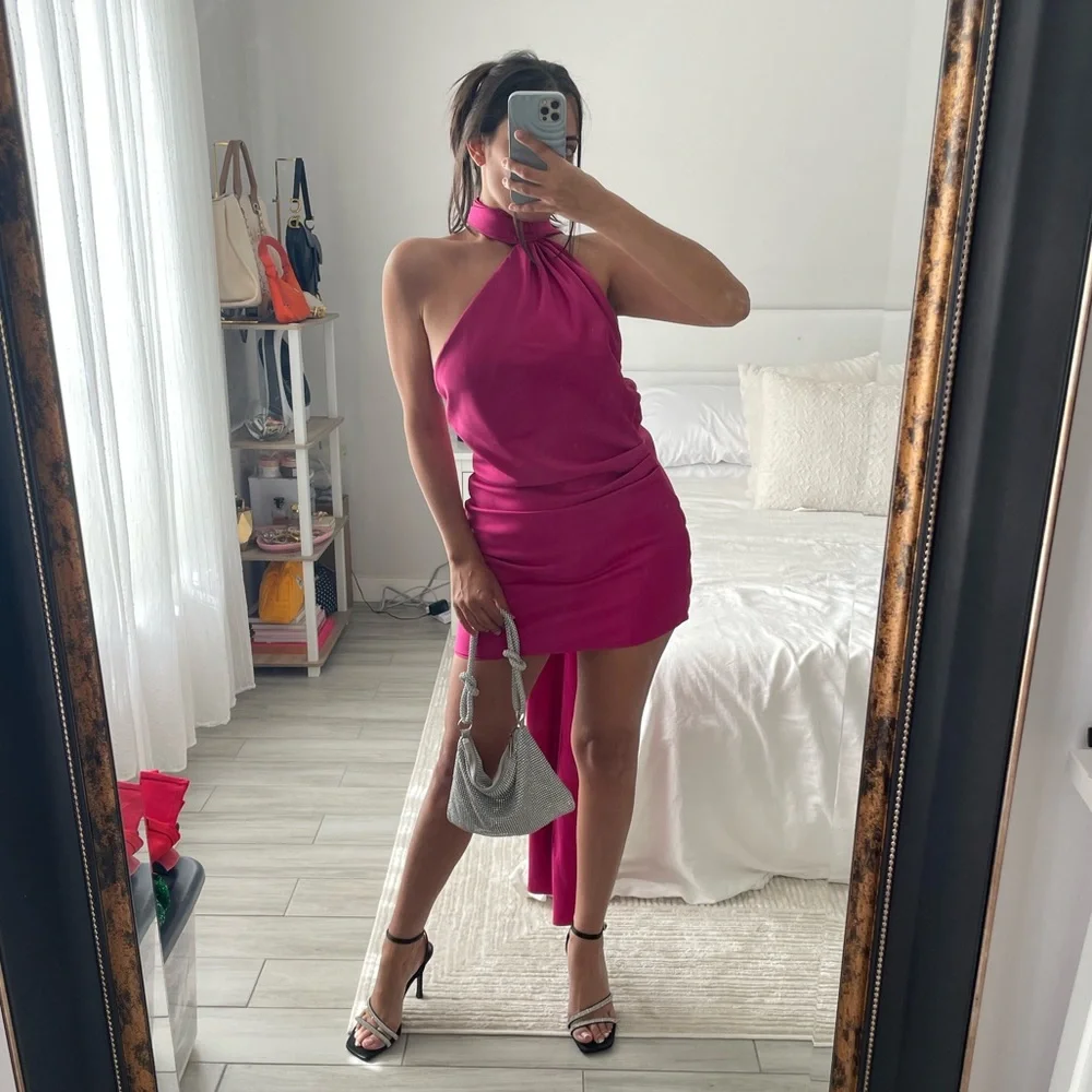 House of CB AIDA Hot Pink Asymmetric Wrap Neck Mini Dress | XS